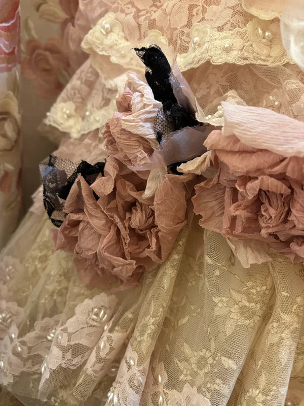 Vintage Pink Lace Strapless Tiered Sweet 16 Quinceanera A-Line Evening Dress Ball Gown DP6280