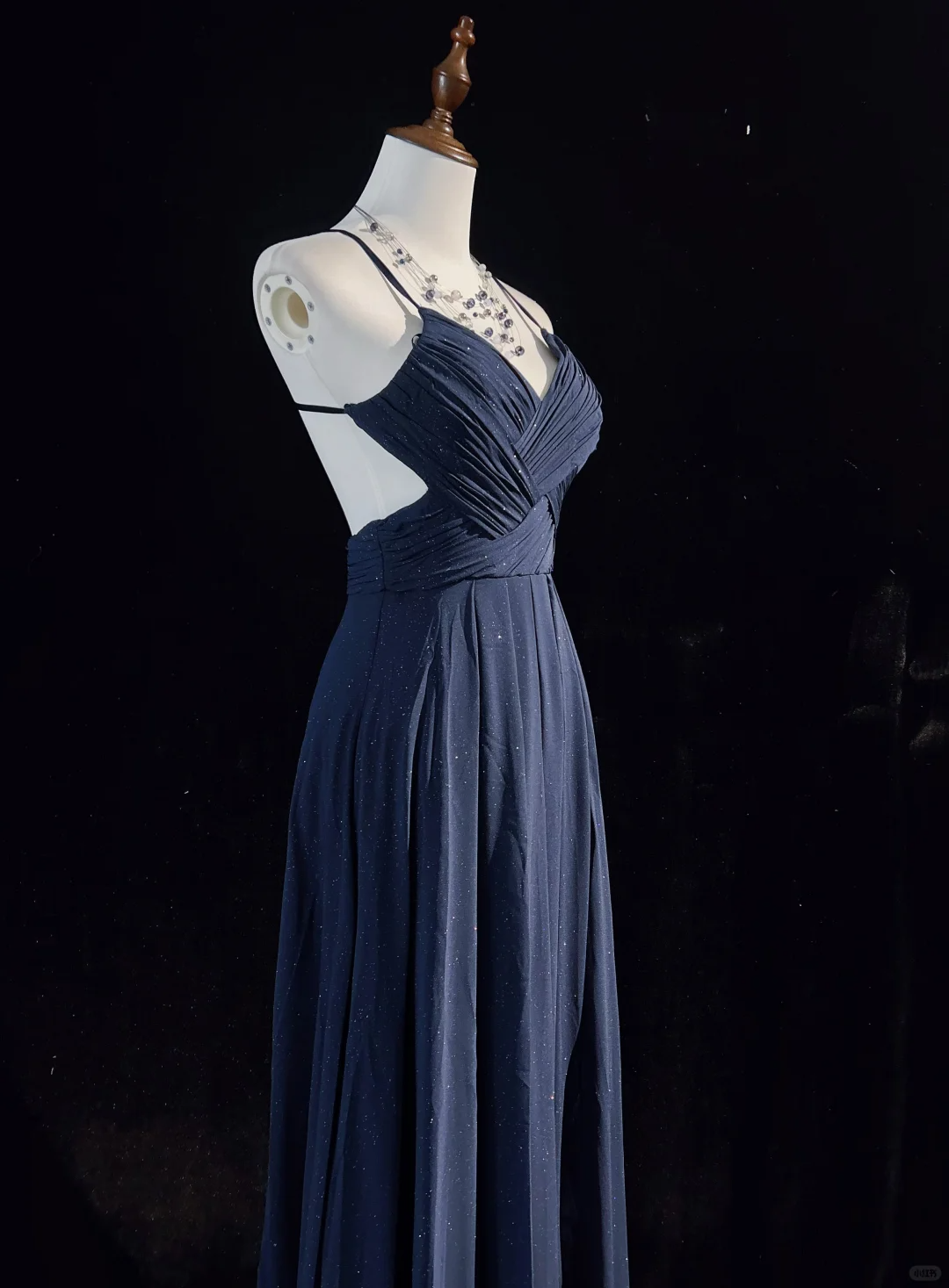 Robe de soirée longue bleu marine à bretelles, coupe trapèze, élégante, DP5325