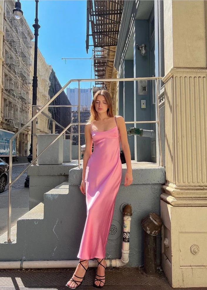 Robe de soirée simple en satin rose à bretelles et dos nu, robe d'invitée de mariage, DP3017