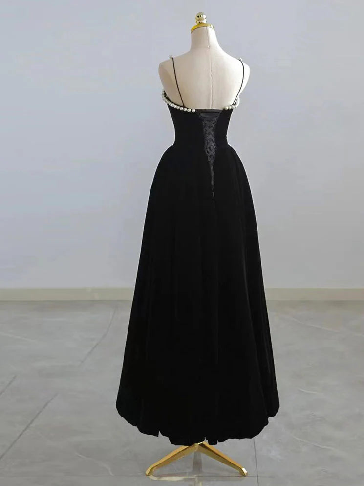 Robe de soirée trapèze en velours bordeaux rétro à bretelles spaghetti et perles DP6077