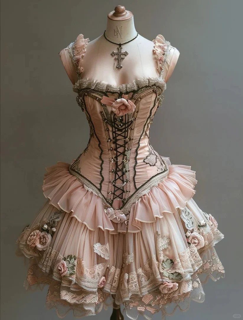 Retro 3D Floral Design Lolita Princess Dress A-line Beaded Chiffon Tiered Party Dress Homecoming Dress DP6097