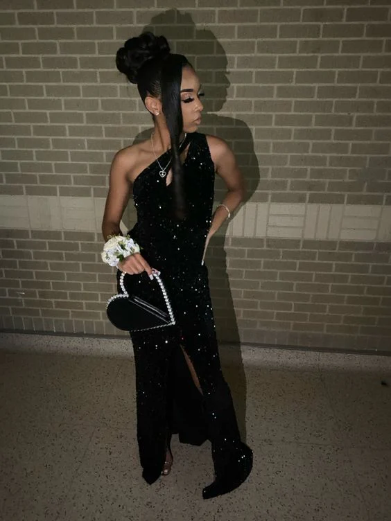 Robe de soirée longue noire asymétrique à sequins, DP3803