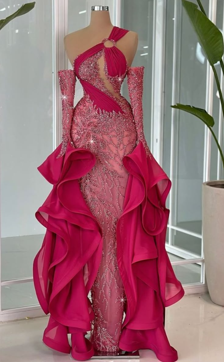 Hot Pink One Shoulder Mermaid Beading Long Evening Dress Party Gowns, DP5288