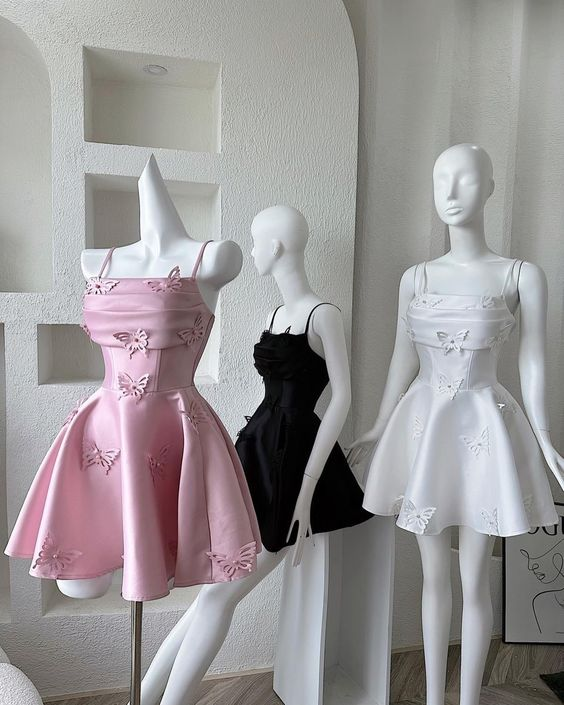 Robe courte trapèze rose à bretelles et papillon, tenue d'anniversaire, DP3226