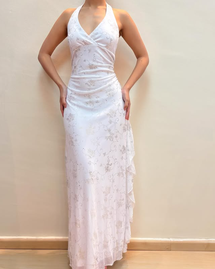 White Halter Neck Sheath Chiffon Ruffles Vintage Long Evening Party Dresses, DP5458