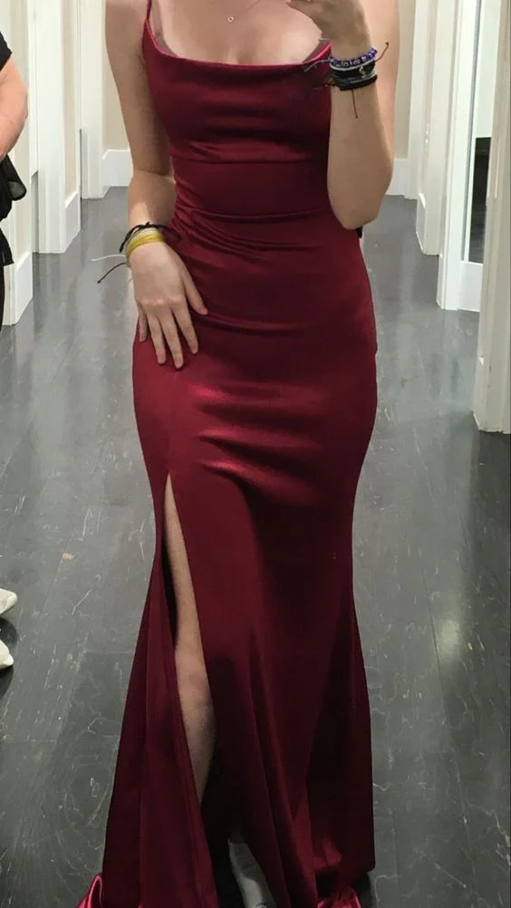 Burgunderrotes, langes Ballkleid im Meerjungfrau-Stil mit Spaghettiträgern, DP3517