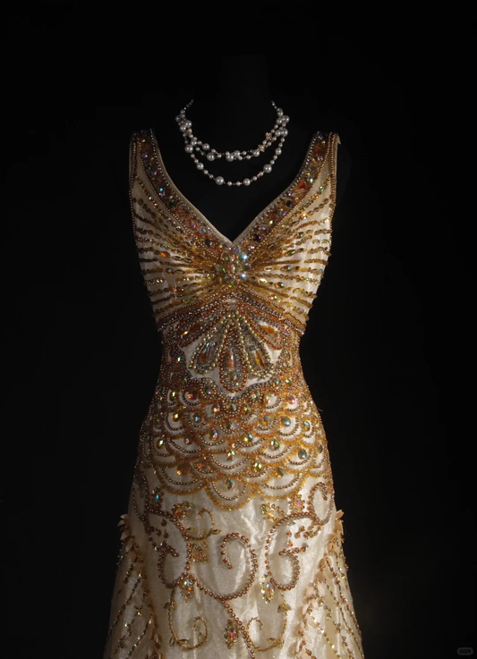 Vintage Champagne Gold Mermaid Beaded V-Neck Sheath Sleeveless Evening Gown DP7381