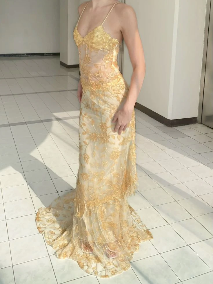 Glamorous Sheer Lace Sequin Evening Gown Spaghetti Straps Mermaid Prom Dress DP2260