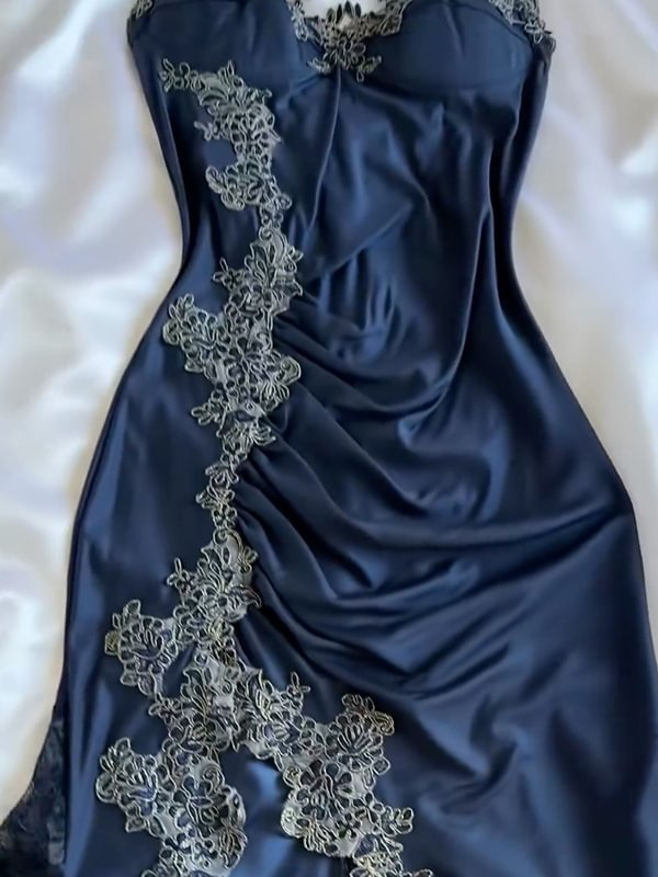 Navy Vintage Appliques Lace Charming Formal Evening Dress, DP2507