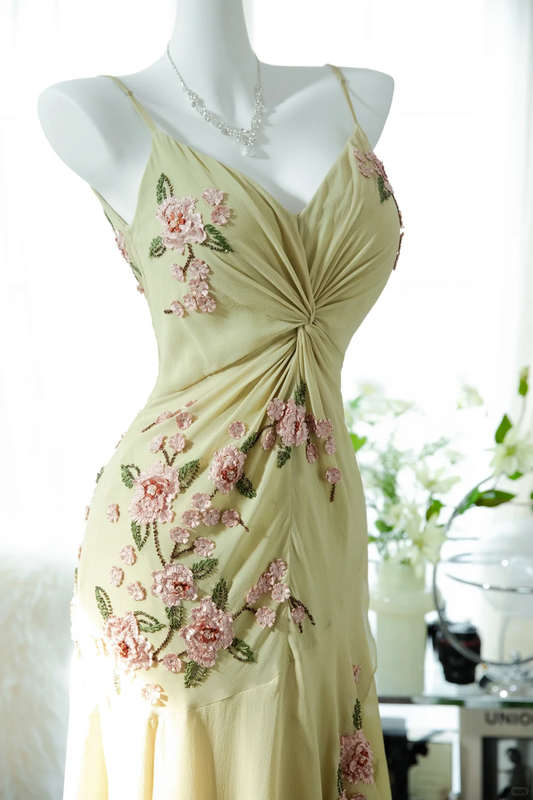 Vintage Light Green Spaghetti Strap Floral Design A-line Romantic Chiffon Evening Dress Prom Dress DP6027