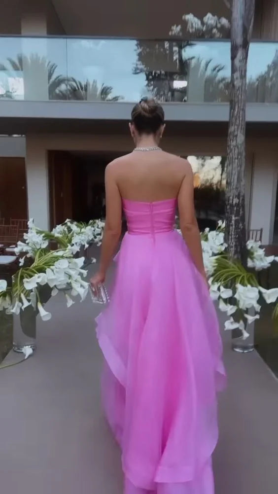 Vintage Hot Pink Strapless Long Prom Dress A-Line Ruffle Formal Dress, DP6562
