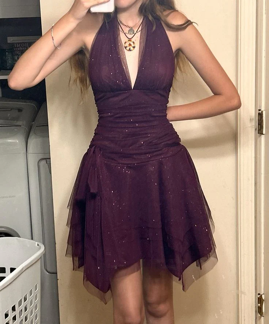Dusty Purple Halter Neck A-Line Short Party Dresses Homecoming Dresses, DP5593