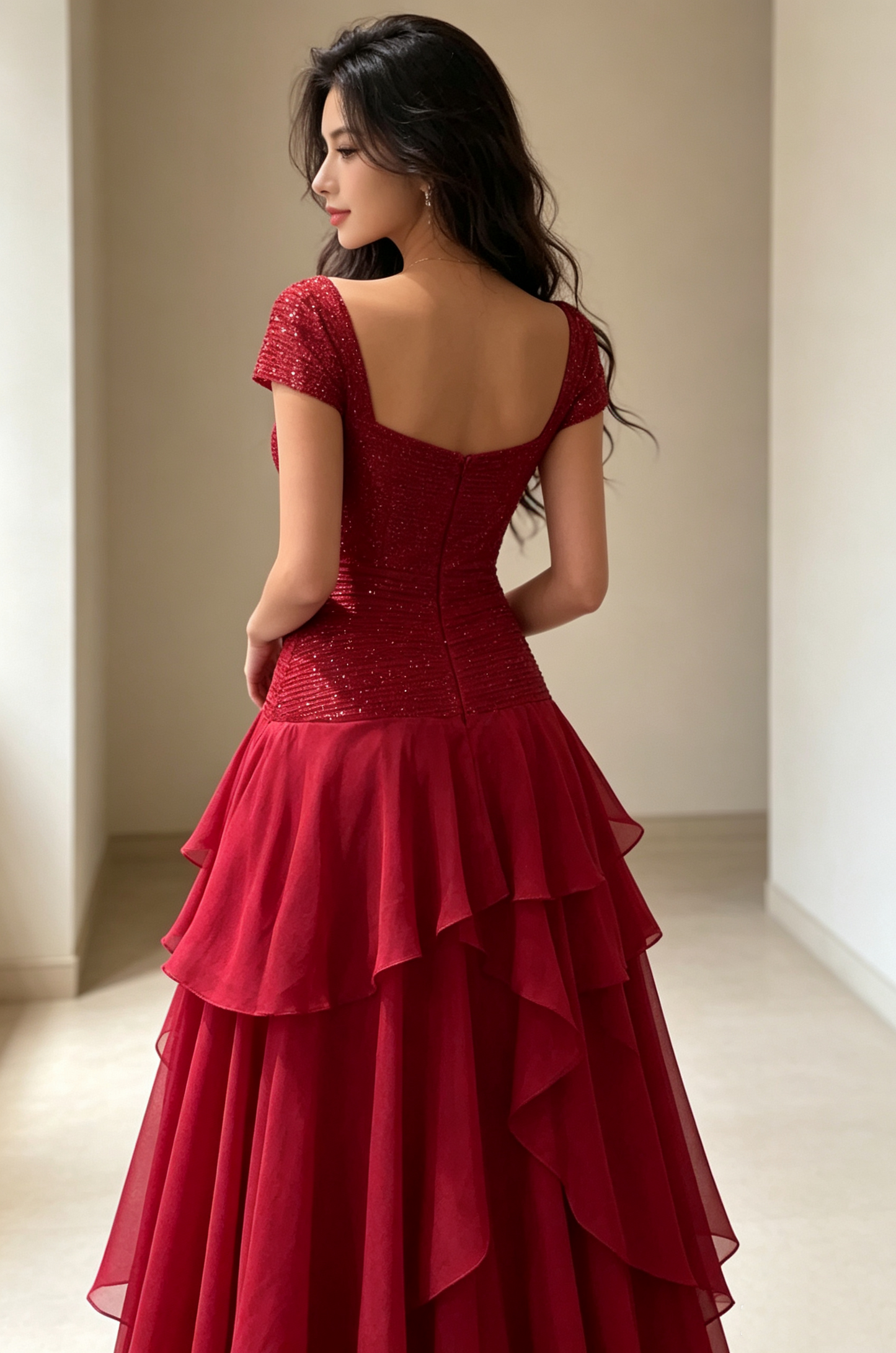 Elegan Burgundy Sparkly Sequined Cap Sleeve Tiered Chiffon Ruched Bodice Long Prom Dress DP8653