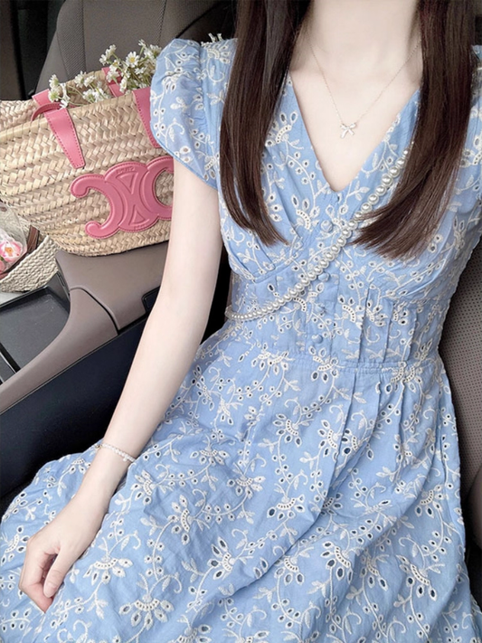 Vintage Light Blue Floral Prom Dress A-Line Short-sleeve Evening Dress Long Summer Dress DP6709