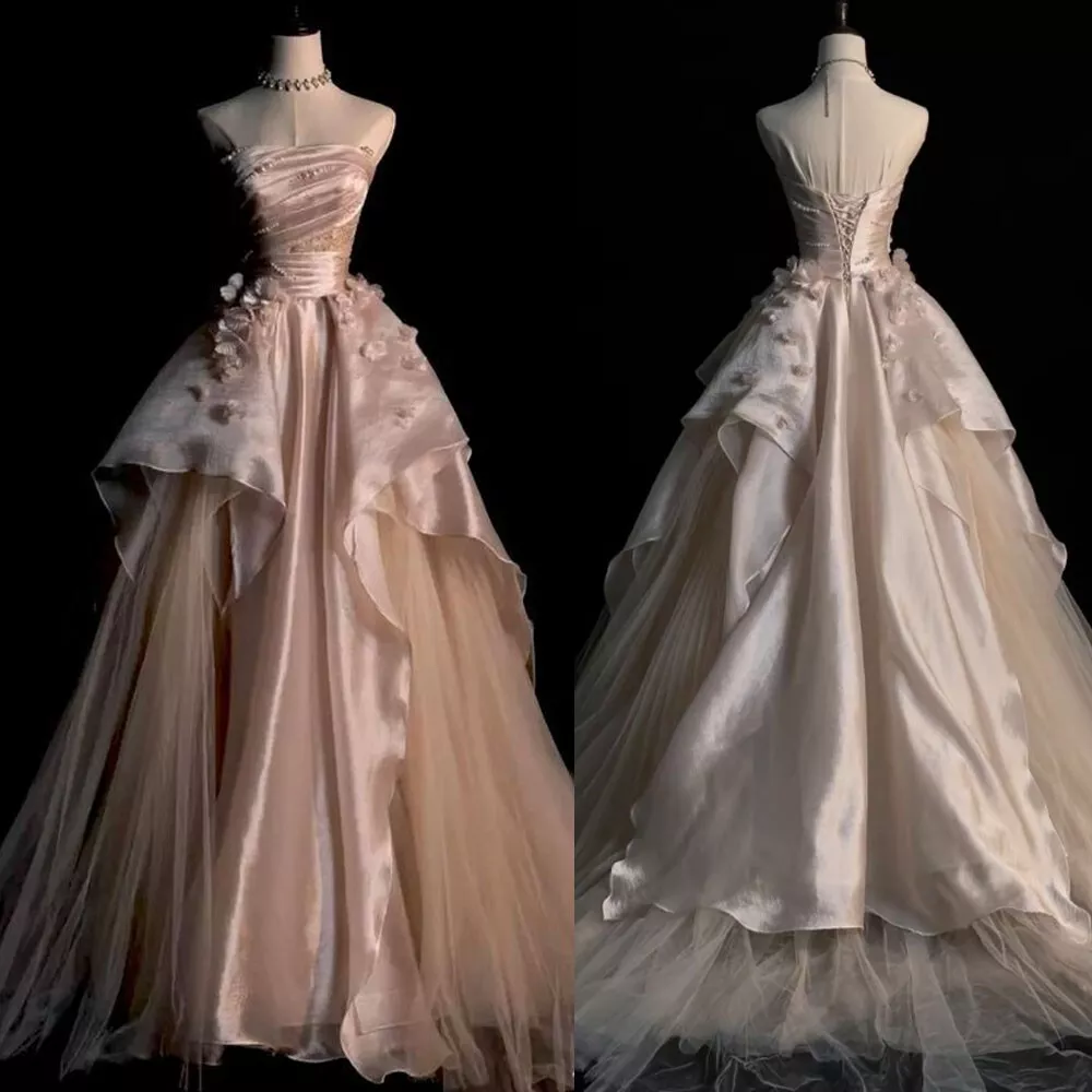 Pearl Pink Strapless A-Line Tulle Long Party Gown with Pearls,DP1621