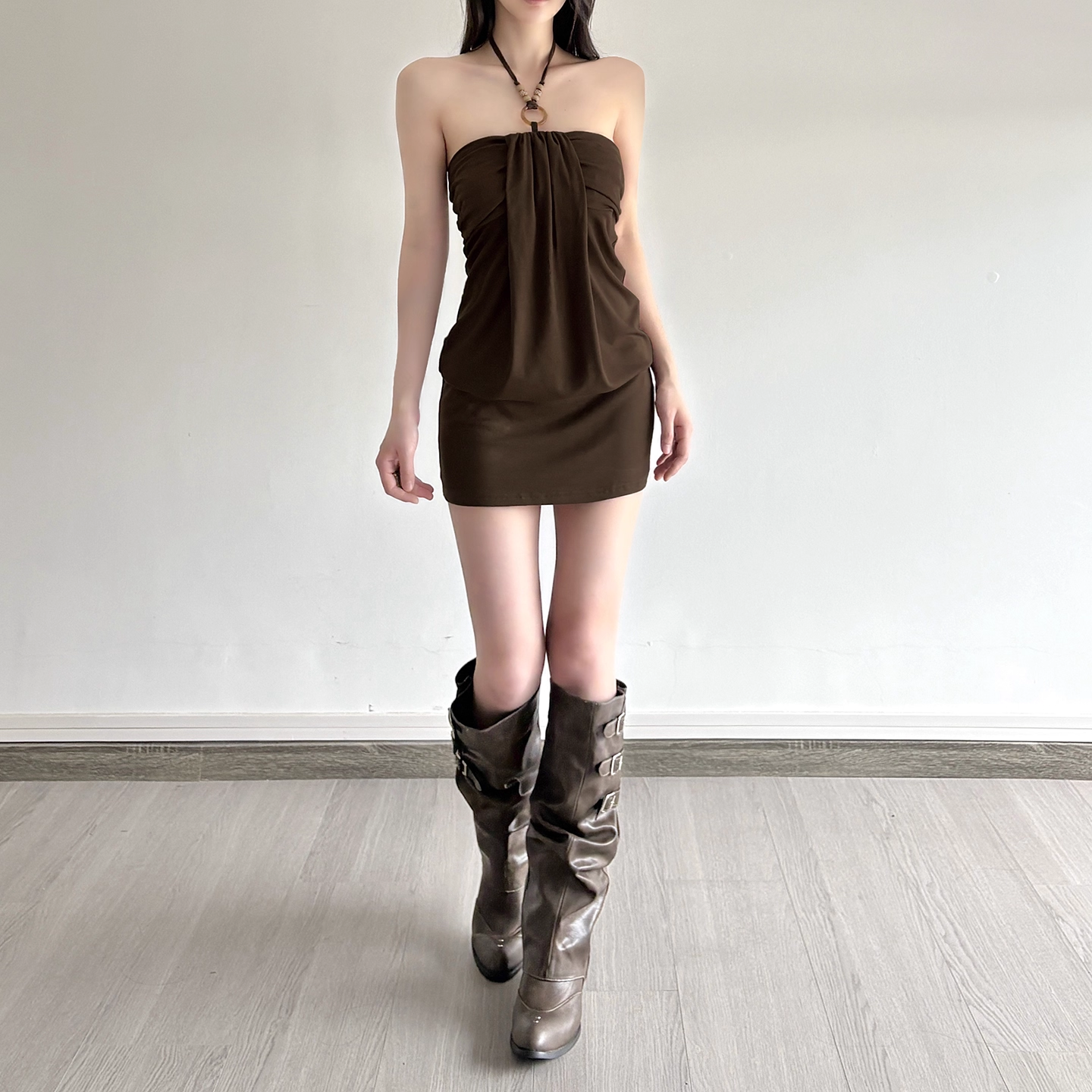 Cute Brown Halter-neck Sheath Short Summer Dresses Party Dress Homecoming Dress DP6341