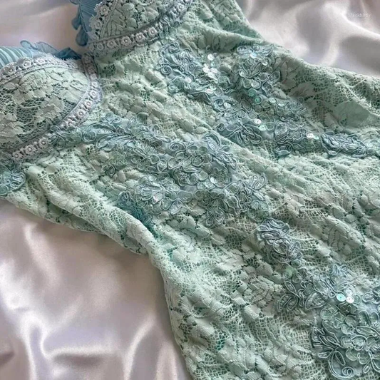 Blue Straps A-Line Lace Midi Vintage Party Dress Birthday Outfits, DP3292