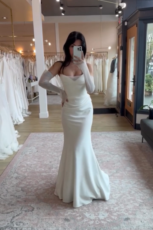 White V Neck Strapless Mermaid Long Prom Dress Wedding Dress, DP2918