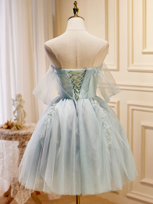 Robe de soirée trapèze en tulle bleu clair vintage, épaules dénudées, avec perles, DP6072