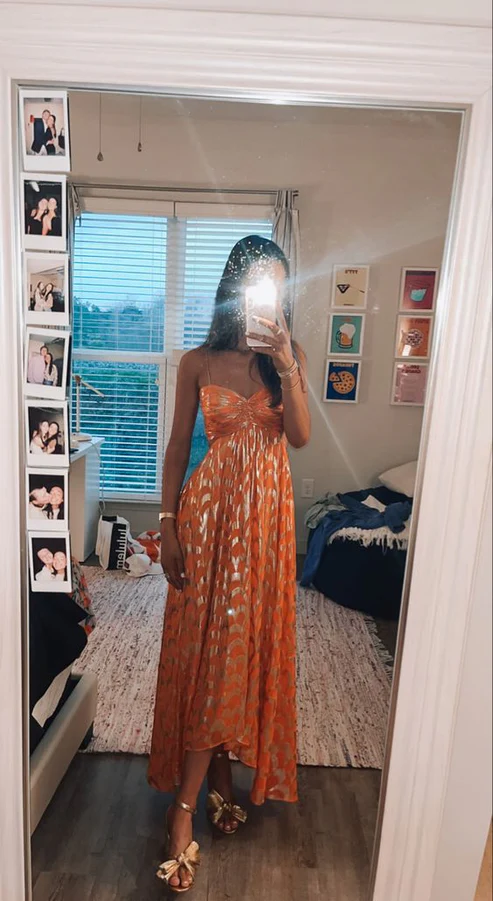 Orange A-Line Spaghetti Straps Chic Long Party Dress, DP2096