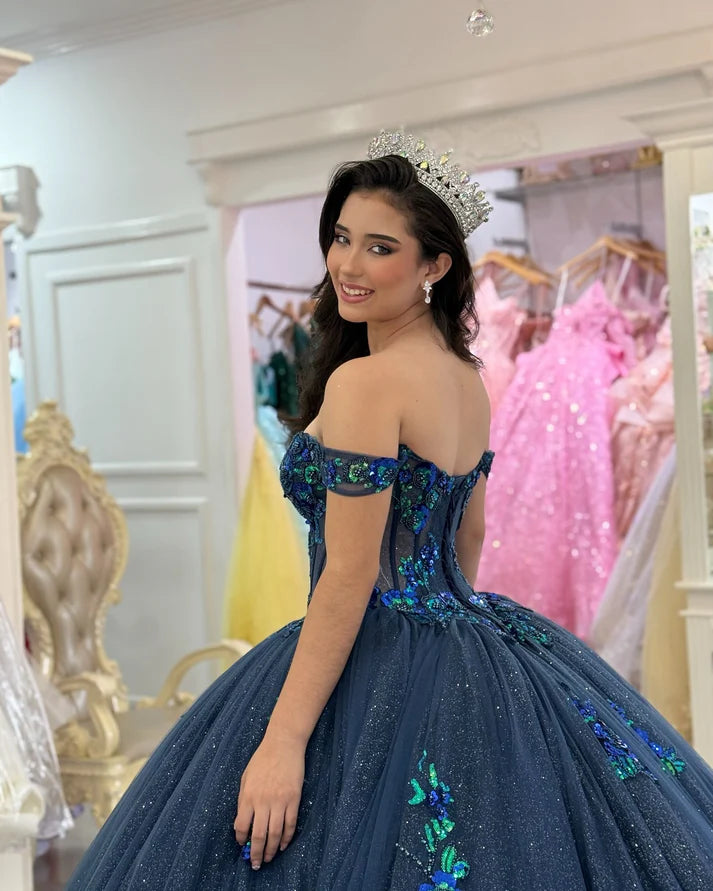 Glamorous Navy Blue Appliqued Beaded Off-Shoulder Quinceanera Sweet 15 Ball Gown DP7191