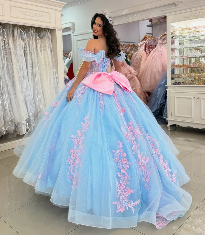 Glamorous Light Blue Cinderella-Inspired Pink Floral Applique Off-Shoulder Ruffled Quinceanera Sweet 15 Ball Gown DP7192