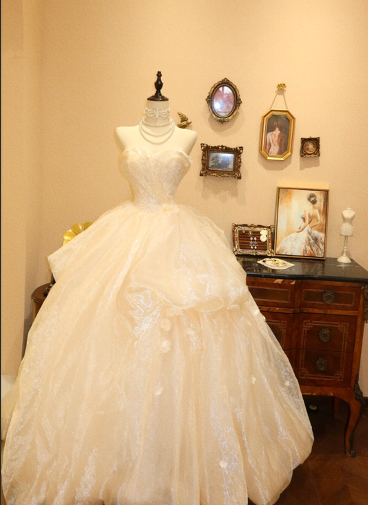 Glamorous Strapless Shimmering Textured Tulle Wedding Dress A-Line Sweetheart Bridal Gown DP7155