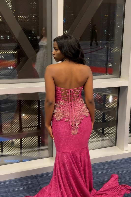 Stunning Hot Pink Beaded Mermaid Prom Dress Strapless Lace-Up Evening Gown DP8026