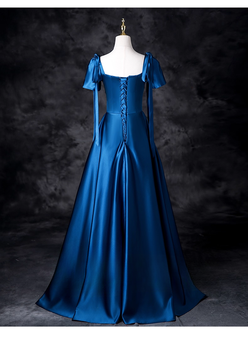 Vintage Royal Blue Satin Prom Dress A-Line Evening Gown Short-sleeved Party Dress Long Formal Dress DP6917
