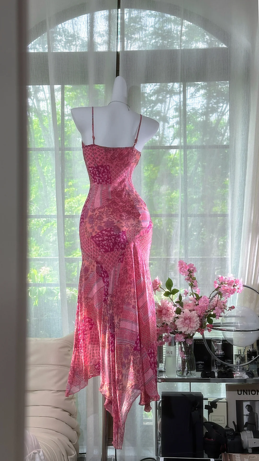 Retro Pink V-neck Floral Elegant Chiffon Evening Dress Prom Dresses DP6146