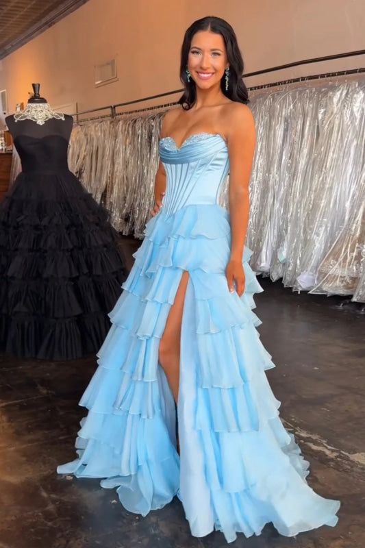 Elegant Strapless Sweetheart Tiered Evening Gown with High Slit DP7929
