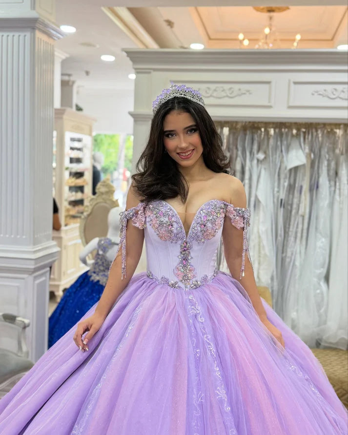 Glamorous Lilac Beaded Applique Off-Shoulder Sweetheart Ruffled Quinceanera Sweet 15 Ball Gown DP7193