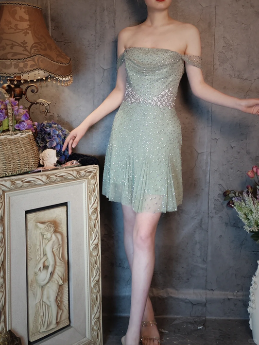 Vintage Light Green Off-the-shoulder Sparkling Beaded Design A-line Short Homecoming Dress DP6056