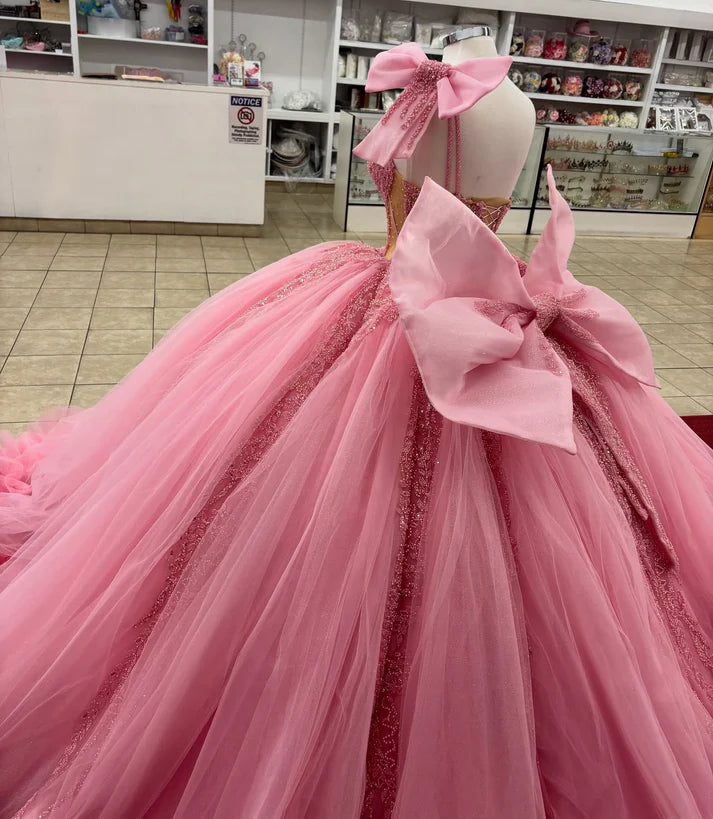 Elegant Pink One-Shoulder Beaded Bodice Oversized Bow & Ruffled Tulle Quinceanera Ball Gown DP7237