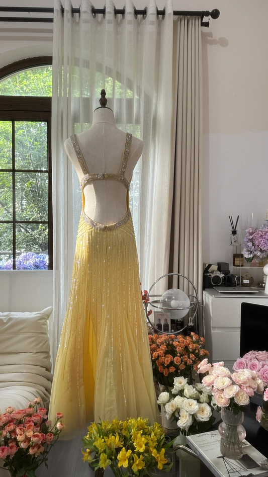 Retro Yellow Shinny Backless Design A-line Elegant Chiffon Evening Dress Prom Dress, DP5987
