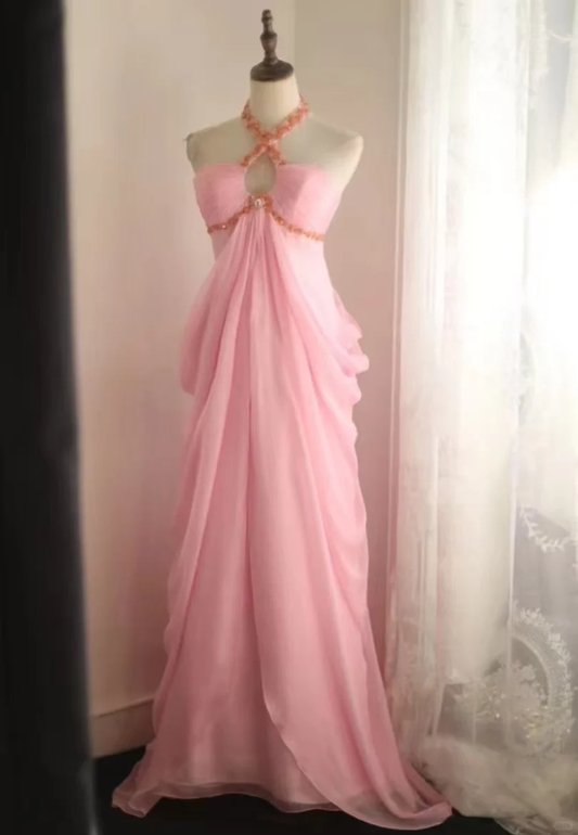 Glamorous Pink Chiffon Halter-Neck Ruched Bodice Prom Dress DP7649