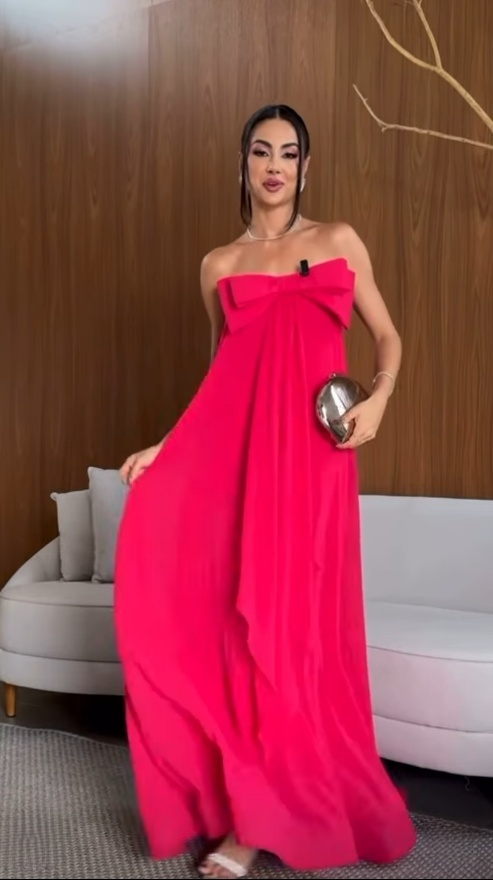 Hot Pink Strapless A-Line Cute Bowknot Long Party Dress Wedding Guest Dress, DP3443