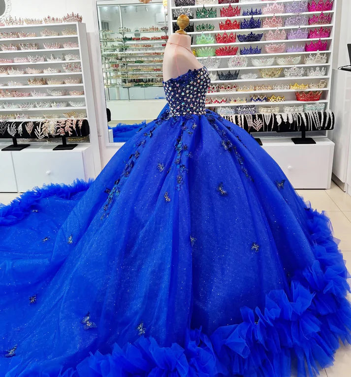 Glamorous Royal Blue Tulle Beaded Appliqued Off-Shoulder Sweetheart Quinceanera Sweet 15 Ball Gown DP7185