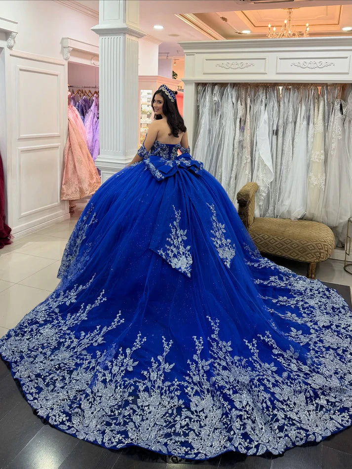 Chic Royal Blue Appliqued Beaded Off-Shoulder Glitter Tulle Sweetheart Quinceanera Sweet 15 Ball Gown DP7199