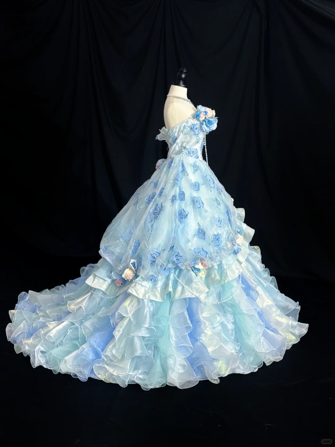Enchanting Sky Blue Strapless 3D Floral Applique Ruffled Tulle Iridescent Fairycore Sweet 16 Quinceanera Ball Gown DP7279