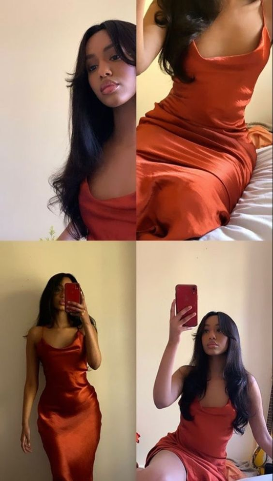 Robe de soirée longue fourreau en satin rouge rouille à bretelles spaghetti, DP3743