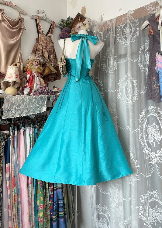 Vintage Turquoise Halter Neck A-Line Homecoming Dress Bow Satin Mini Party Gown DP8323