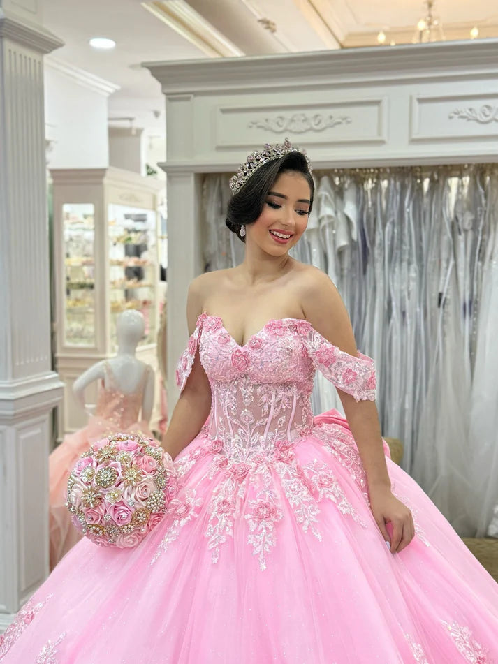 Glamorous Pink Floral Embroidery Off-Shoulder Sweetheart Ruffled Quinceanera Sweet 15 Ball Gown DP7194