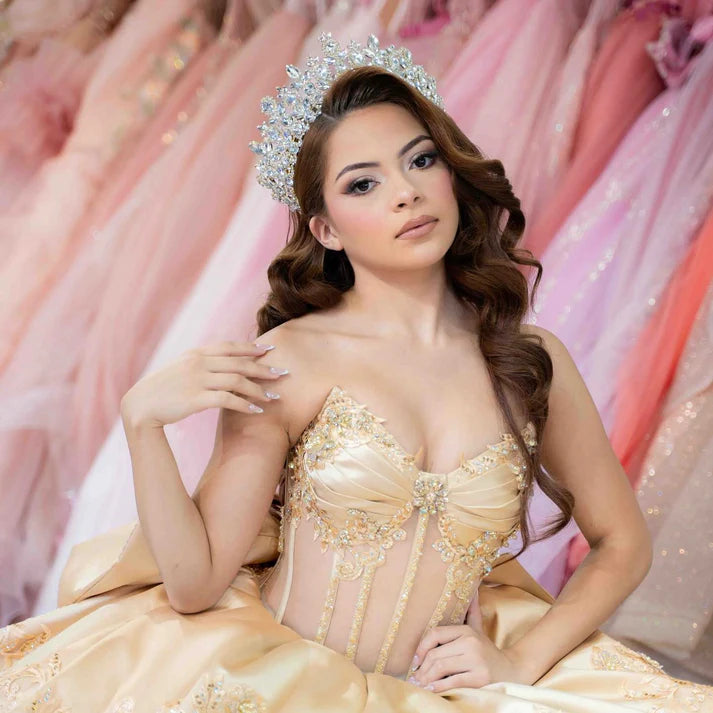 Robe de bal de quinceañera élégante couleur champagne, décolleté cœur, broderie dentelle, corsage à volants, DP7223