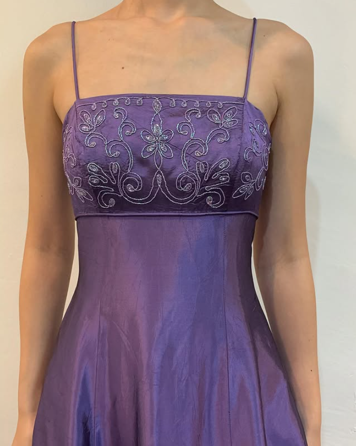 Elegant Purple Spaghetti Straps A-Line Vintage Long Party Dress, DP3988