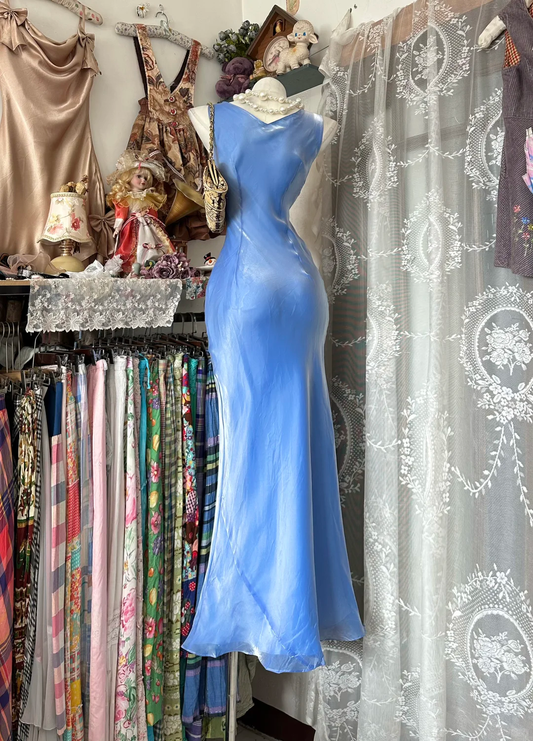 Romantic Blue Satin Cowl Neck Mermaid Evening Dress DP8319