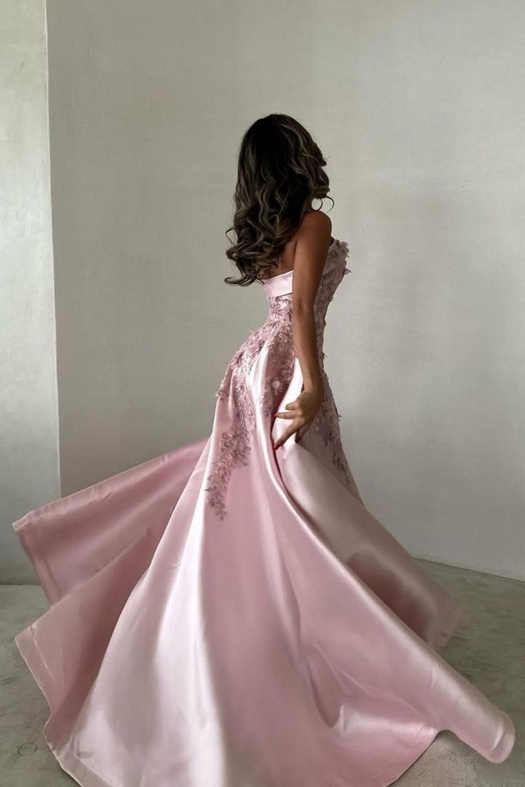 Vintage Blush Strapless Satin Evening Gown Floral Embroidery Train Formal Prom Dress DP7576