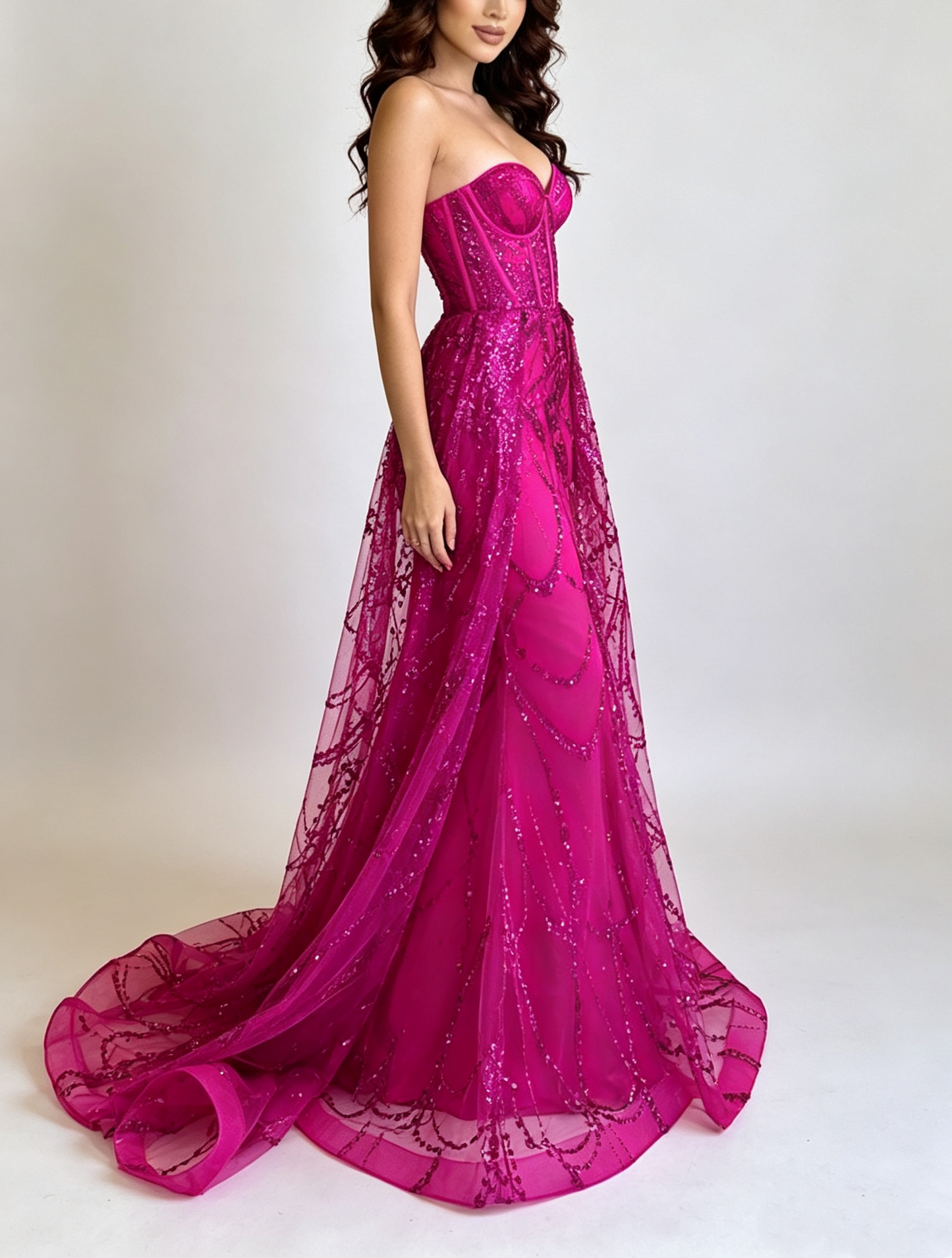 Elegant Fuchsia Strapless Sweetheart Mermaid Sparkly Sequin Lace Tulle Train Evening Gown DP8647