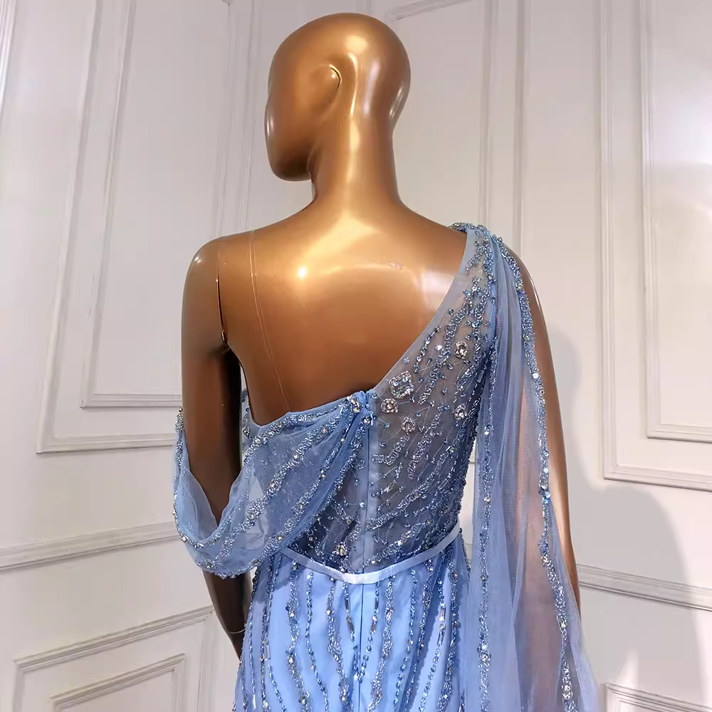 Vintage Beaded One-Shoulder Mermaid Sheer Sleeve Evening Dress DP8080