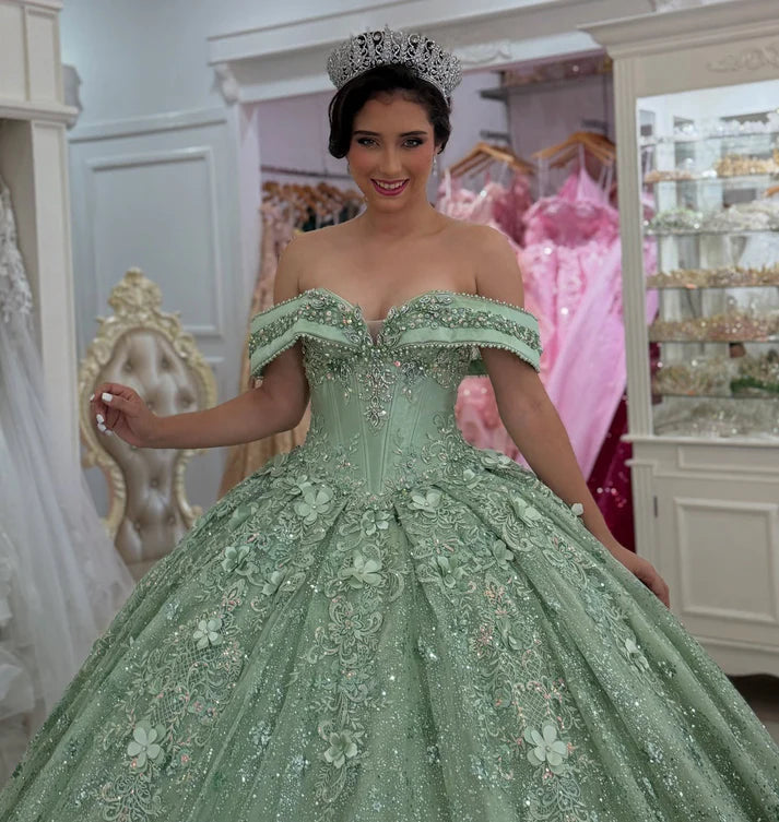 Glamorous Sage Green Appliqued Beaded Off-Shoulder Glitter Tulle Sweetheart Quinceanera Sweet 15 Ball Gown DP7200